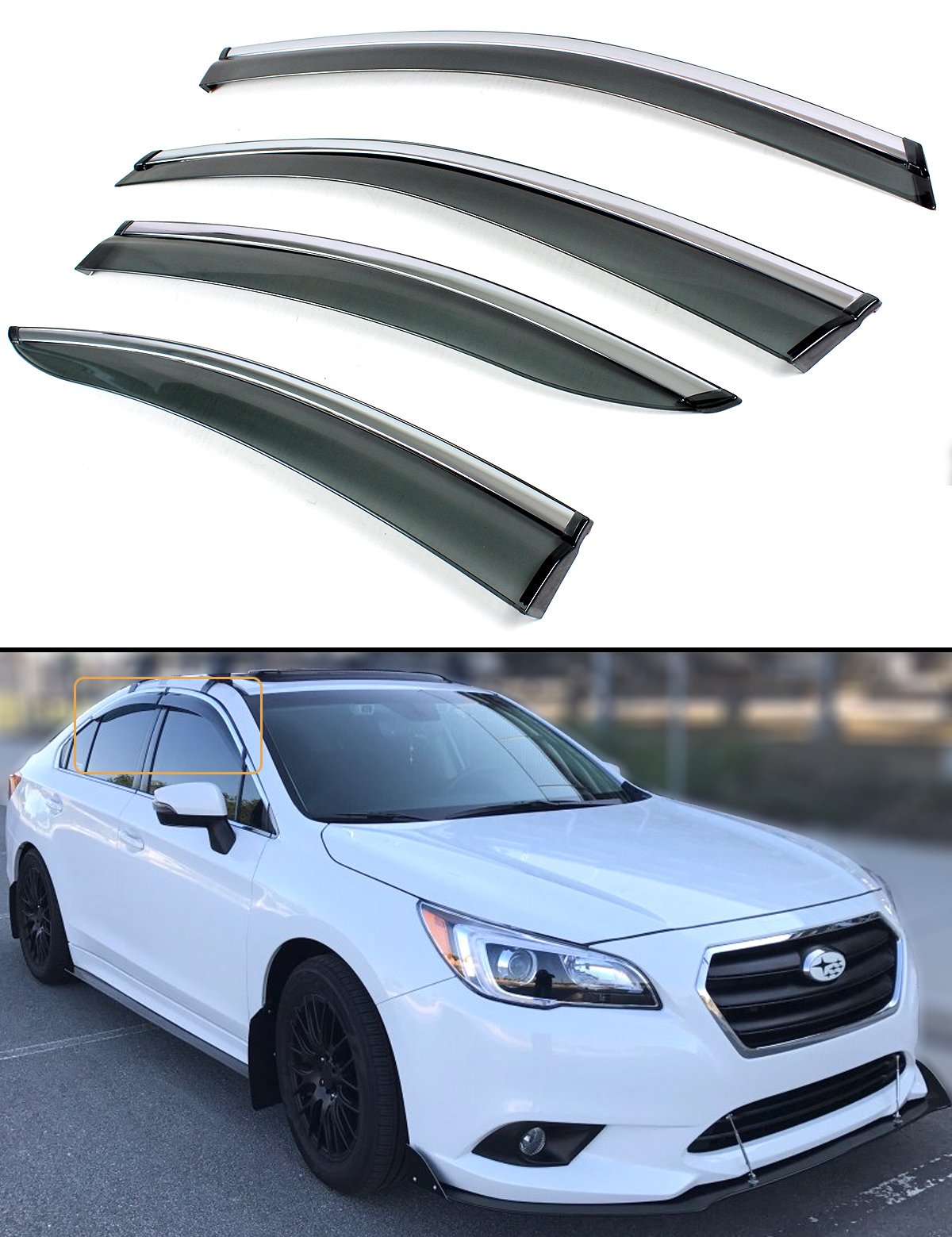 Cuztom Tuning Clip-on Smoke Tinted Window Visor Rain Guard W/Chrome Trim  Compatible with for 2015-2019 Subaru Legacy Sedan