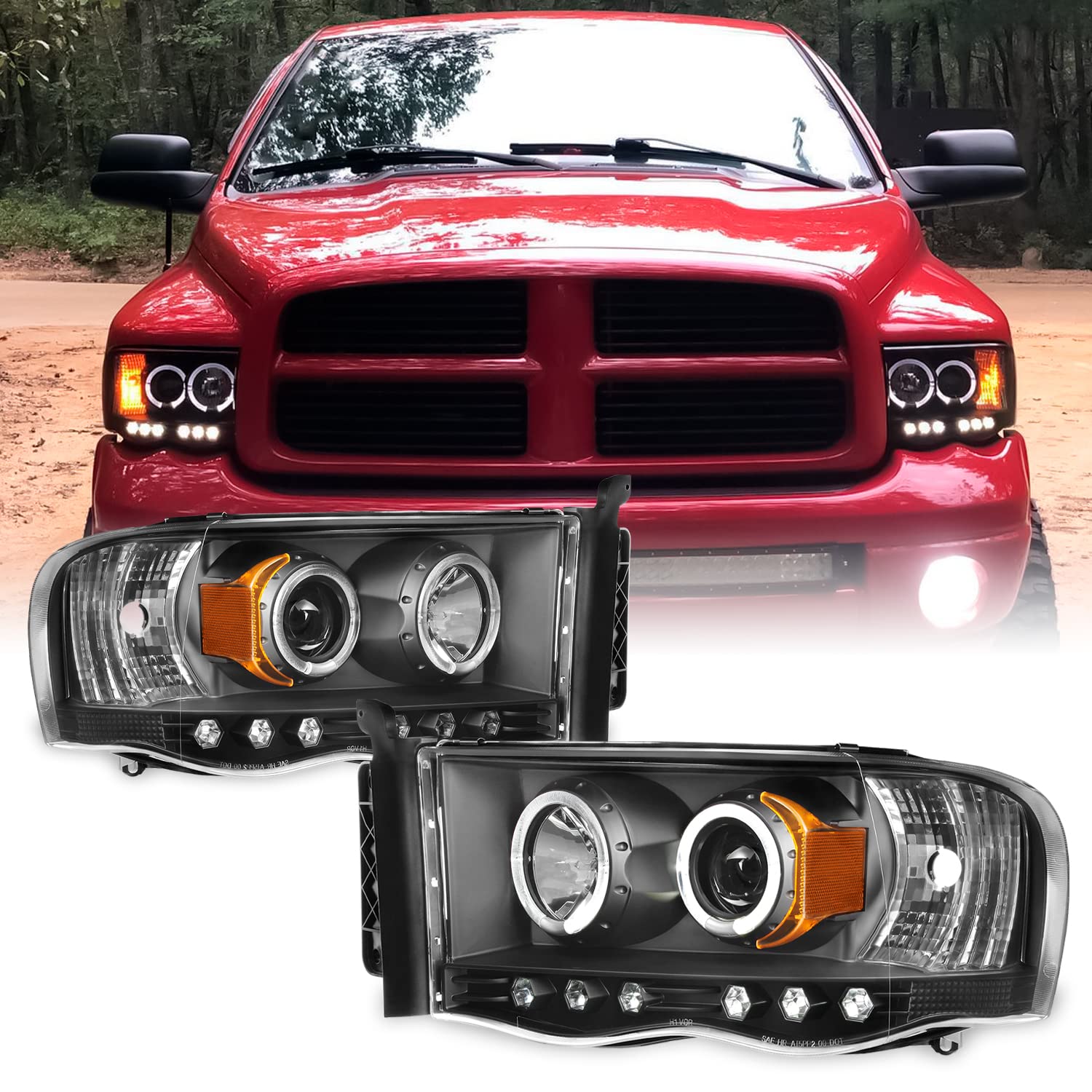 Amazon.com: AKKON - For 2002-2005 Dodge Ram 1500 | 2003-2005 Ram 2500 3500  Black Dual Halo Projector Headlights Pair Set : Automotive