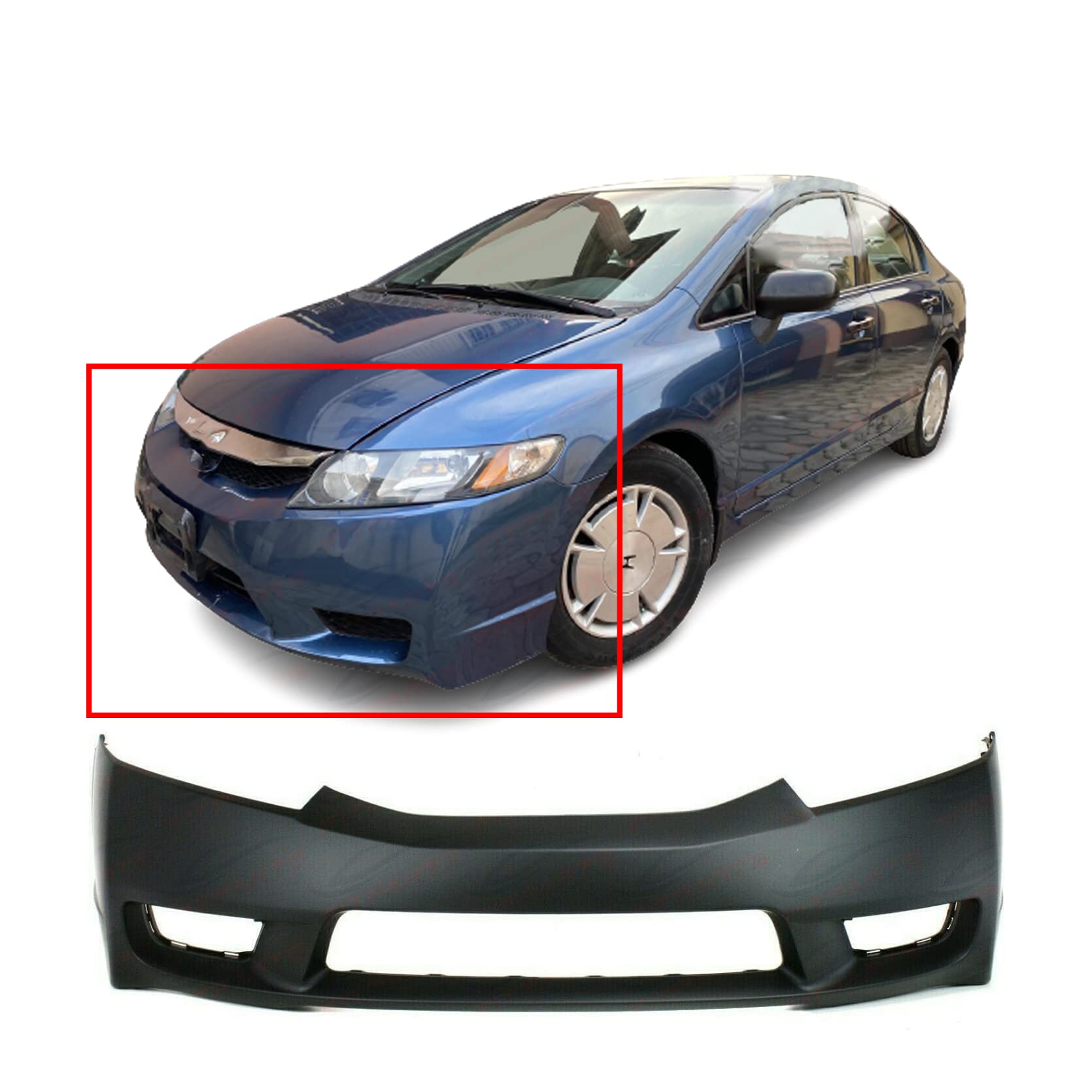 Front Plastic Bumper Cover Fascia for 2009-2011 Honda Civic DX EX GX Hybrid  LX Sport Sedan 09-11. New, Primed and Ready for Paint. with Fog Light  Holes. HO1000266 04711SNAA90ZZ 2010